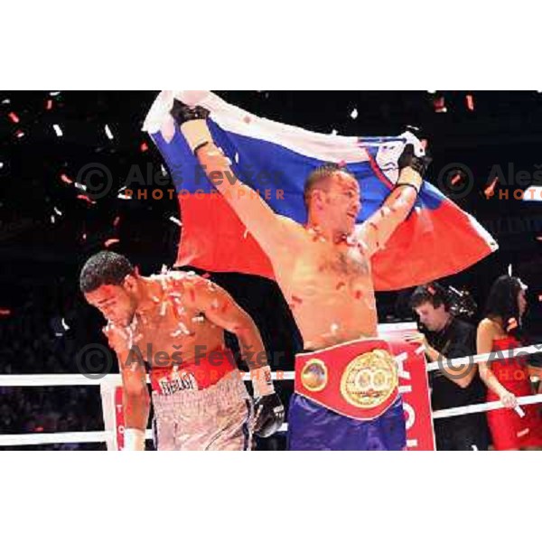 Dejan Zavec of Slovenia (blue trunks) IBF World Boxing Champion successfully defend his walterweight title with technical knockout (TKO) in fifth round against Paul Delgado of USA (white trunks) in front of 13.000 fans in Stozice, Ljubljana, Slovenia on F