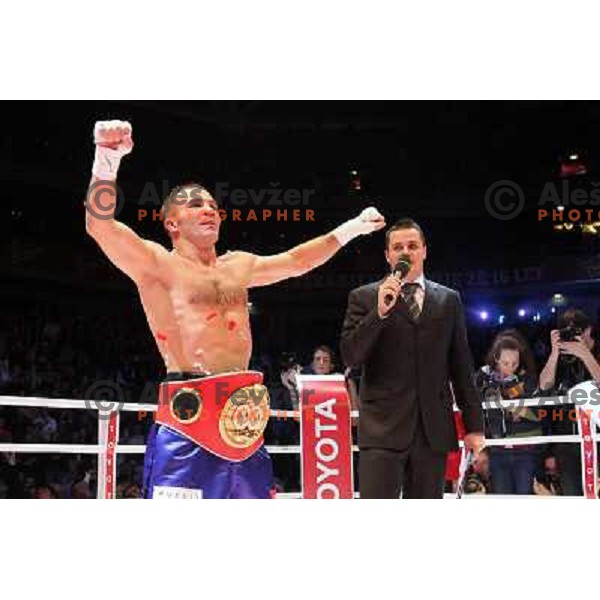 Dejan Zavec of Slovenia (blue trunks) IBF World Boxing Champion successfully defend his walterweight title with technical knockout (TKO) in fifth round against Paul Delgado of USA (white trunks) in front of 13.000 fans in Stozice, Ljubljana, Slovenia on F