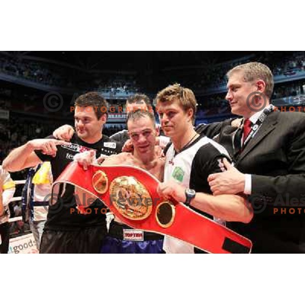 Tomi Jagarinec, Dirk Dzemski, Dejan Zavec of Slovenia (blue trunks) IBF World Boxing Champion successfully defend his walterweight title with technical knockout (TKO) in fifth round against Paul Delgado of USA (white trunks) in front of 13.000 fans in Sto