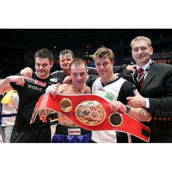 Tomi Jagarinec, Dirk Dzemski, Dejan Zavec of Slovenia (blue trunks) IBF World Boxing Champion successfully defend his walterweight title with technical knockout (TKO) in fifth round against Paul Delgado of USA (white trunks) in front of 13.000 fans in Sto