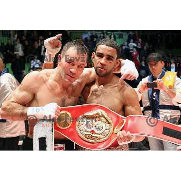 Dejan Zavec of Slovenia (blue trunks) IBF World Boxing Champion successfully defend his walterweight title with technical knockout (TKO) in fifth round against Paul Delgado of USA (white trunks) in front of 13.000 fans in Stozice, Ljubljana, Slovenia on F