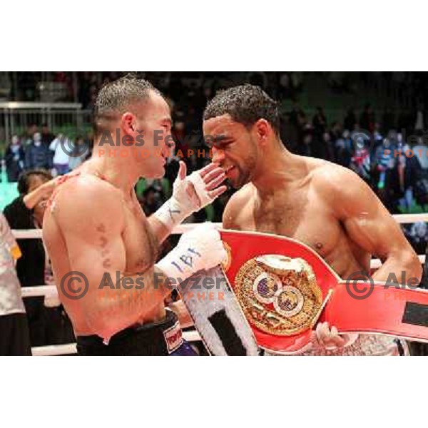 Dejan Zavec of Slovenia (blue trunks) IBF World Boxing Champion successfully defend his walterweight title with technical knockout (TKO) in fifth round against Paul Delgado of USA (white trunks) in front of 13.000 fans in Stozice, Ljubljana, Slovenia on F