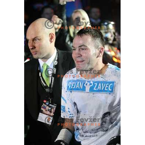 Dejan Zavec of Slovenia (blue trunks) IBF World Boxing Champion successfully defend his walterweight title with technical knockout (TKO) in fifth round against Paul Delgado of USA (white trunks) in front of 13.000 fans in Stozice, Ljubljana, Slovenia on F