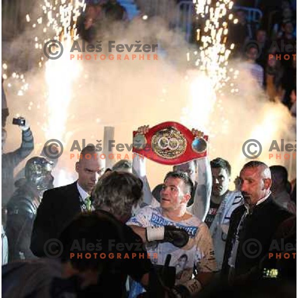 Dejan Zavec of Slovenia (blue trunks) IBF World Boxing Champion successfully defend his walterweight title with technical knockout (TKO) in fifth round against Paul Delgado of USA (white trunks) in front of 13.000 fans in Stozice, Ljubljana, Slovenia on F