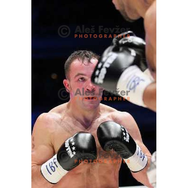 Dejan Zavec of Slovenia (blue trunks) IBF World Boxing Champion successfully defend his walterweight title with technical knockout (TKO) in fifth round against Paul Delgado of USA (white trunks) in front of 13.000 fans in Stozice, Ljubljana, Slovenia on F