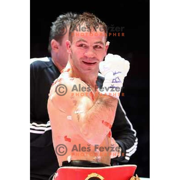 Dejan Zavec of Slovenia (blue trunks) IBF World Boxing Champion successfully defend his walterweight title with technical knockout (TKO) in fifth round against Paul Delgado of USA (white trunks) in front of 13.000 fans in Stozice, Ljubljana, Slovenia on F