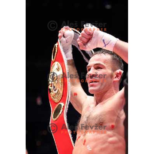 Dejan Zavec of Slovenia (blue trunks) IBF World Boxing Champion successfully defend his walterweight title with technical knockout (TKO) in fifth round against Paul Delgado of USA (white trunks) in front of 13.000 fans in Stozice, Ljubljana, Slovenia on F