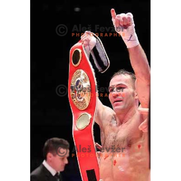 Dejan Zavec of Slovenia (blue trunks) IBF World Boxing Champion successfully defend his walterweight title with technical knockout (TKO) in fifth round against Paul Delgado of USA (white trunks) in front of 13.000 fans in Stozice, Ljubljana, Slovenia on F