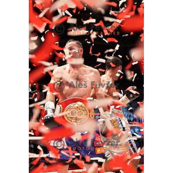 Dejan Zavec of Slovenia (blue trunks) IBF World Boxing Champion successfully defend his walterweight title with technical knockout (TKO) in fifth round against Paul Delgado of USA (white trunks) in front of 13.000 fans in Stozice, Ljubljana, Slovenia on F
