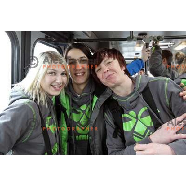 Tamara Mavsar, Andrea Lekic, Sergeja Stefanisin of Krim Mercator leaving from Joze Pucnik Airport to Women\'s Championsleague match against Oltchim Valcea, Ljubljana , Slovenia on February 19, 2011 