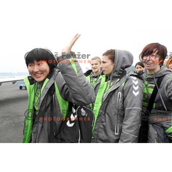 Liudmila Bodnieva, Jelena Grubisic, Sergeja Stefanisin of Krim Mercator leaving from Joze Pucnik Airport to Women\'s Championsleague match against Oltchim Valcea, Ljubljana , Slovenia on February 19, 2011 