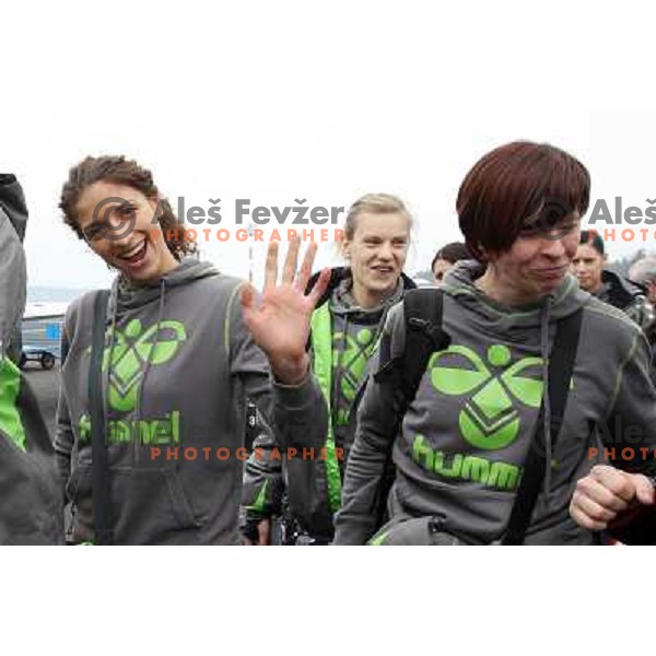 Andrea Penezic, Barbara Varlec, Sergeja Stefanisin of Krim Mercator leaving from Joze Pucnik Airport to Women\'s Championsleague match against Oltchim Valcea, Ljubljana , Slovenia on February 19, 2011 
