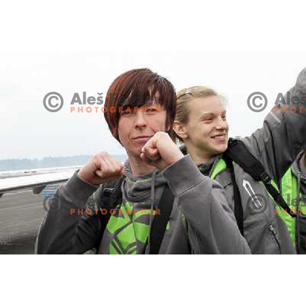 Barbara Varlec, Sergeja Stefanisin of Krim Mercator leaving from Joze Pucnik Airport to Women\'s Championsleague match against Oltchim Valcea, Ljubljana , Slovenia on February 19, 2011 