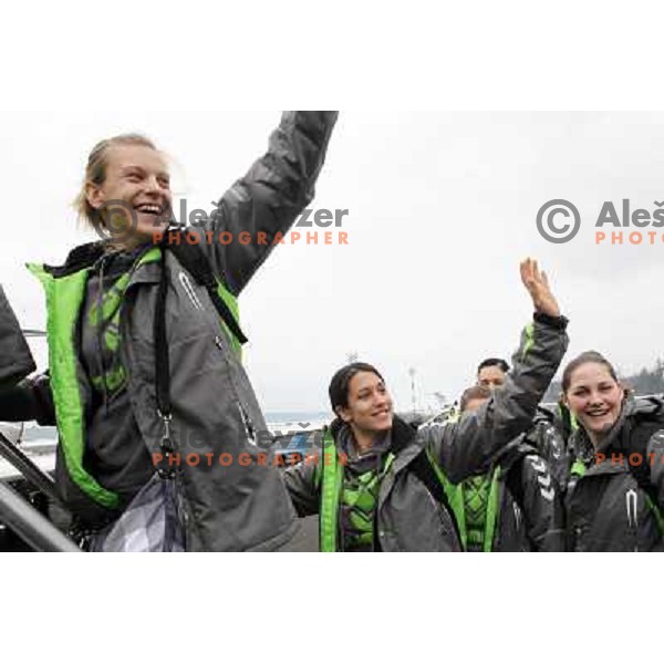 Barabara Varlec, Andrea Lekic, Neja Soberl of Krim Mercator leaving from Joze Pucnik Airport to Women\'s Championsleague match against Oltchim Valcea, Ljubljana , Slovenia on February 19, 2011 