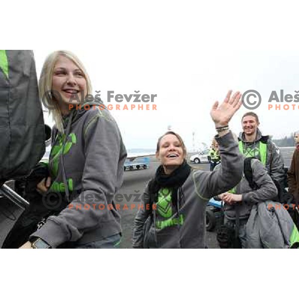 Tamara Mavsar, Arianne Geissmann of Krim Mercator leaving from Joze Pucnik Airport to Women\'s Championsleague match against Oltchim Valcea, Ljubljana , Slovenia on February 19, 2011 