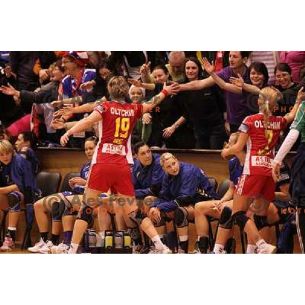 of Oltchim Valcea (ROM) celebrate victory over Krim Mercator (SLO) at handball match in Women\'s Championsleague played in Valcea, Romania on February 20, 2011Players of Oltchim Valcea (ROM) celebrate victory over Krim Mercator (SLO) at handball match in W