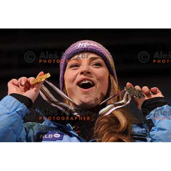 Tina Maze during reception of Slovenia Ski team after GA-PA 2011 World Championships at Preseren Square in Ljubljana, Slovenia on February 20, 2011. 