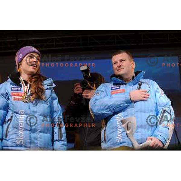 Tina Massi , Tomaz Lovse during reception of Slovenia Ski team after GA-PA 2011 World Championships at Preseren Square in Ljubljana, Slovenia on February 20, 2011. 