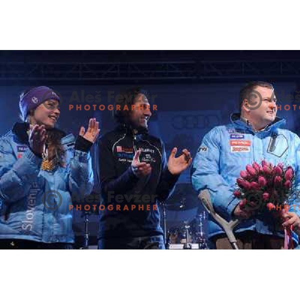 Tina Maze, Andrea Massi, Tomaz Lovsic during reception of Slovenia Ski team after GA-PA 2011 World Championships at Preseren Square in Ljubljana, Slovenia on February 20, 2011. 
