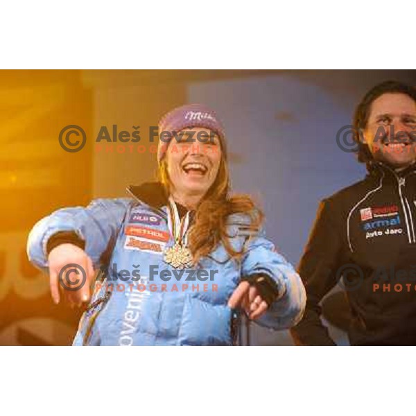 Tina Maze, Andrea Massi during reception of Slovenia Ski team after GA-PA 2011 World Championships at Preseren Square in Ljubljana, Slovenia on February 20, 2011. 