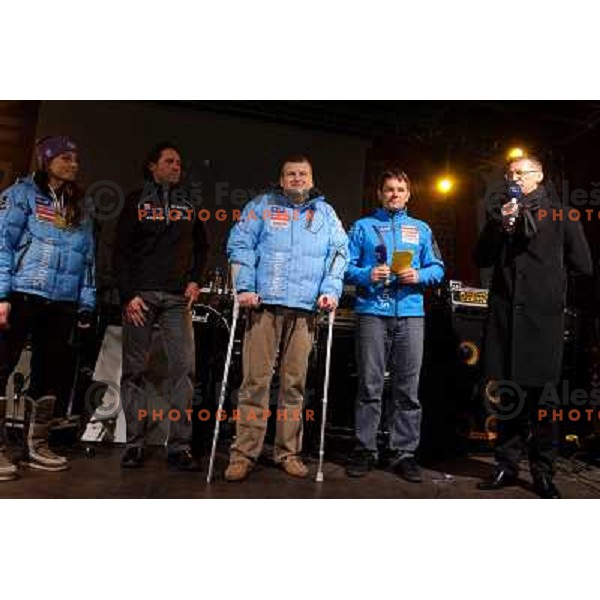 Tina Massi, Andrea Massi, Tomaz Lovse, Igor Luksic during reception of Slovenia Ski team after GA-PA 2011 World Championships at Preseren Square in Ljubljana, Slovenia on February 20, 2011. 