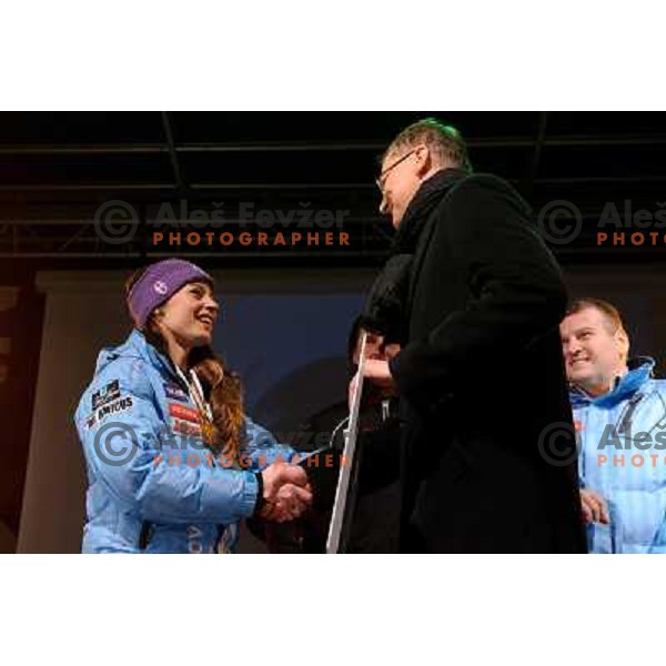 Tina Maze, Igor Luksic during reception of Slovenia Ski team after GA-PA 2011 World Championships at Preseren Square in Ljubljana, Slovenia on February 20, 2011. 