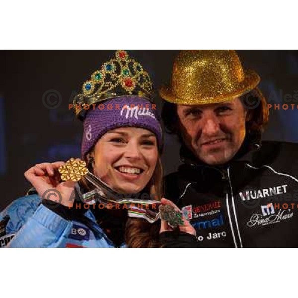 Tina Maze, Andrea Massi during reception of Slovenia Ski team after GA-PA 2011 World Championships at Preseren Square in Ljubljana, Slovenia on February 20, 2011. 