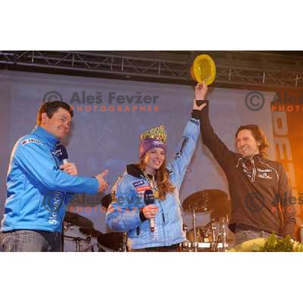 Tina Maze, Andrea Massi during reception of Slovenia Ski team after GA-PA 2011 World Championships at Preseren Square in Ljubljana, Slovenia on February 20, 2011. 