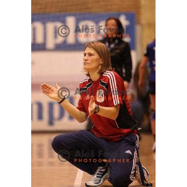 Anja Andersen, coach of Oltchim Valcea in action during handball match in Women\'s Championsleague played in Valcea, Romania on February 20, 2011 