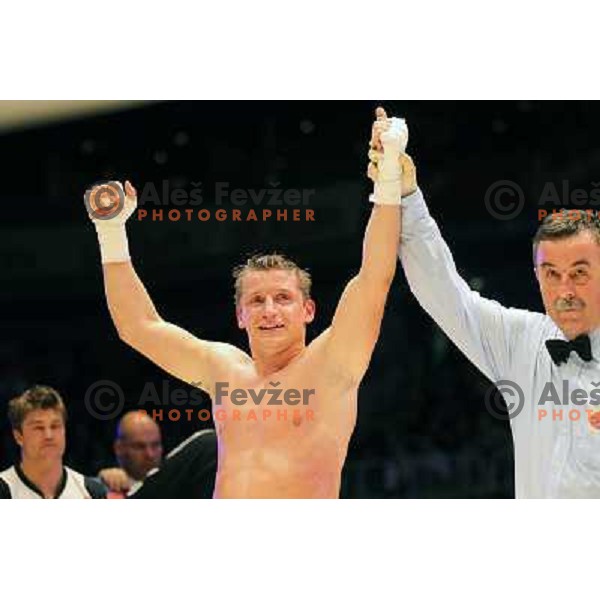 Denis Simcic of Slovenia successfully defend his WBF title with victory against Sandro Siproshvili of GEO in front of 13.000 fans in Stozice, Ljubljana, Slovenia on February 18,2011 