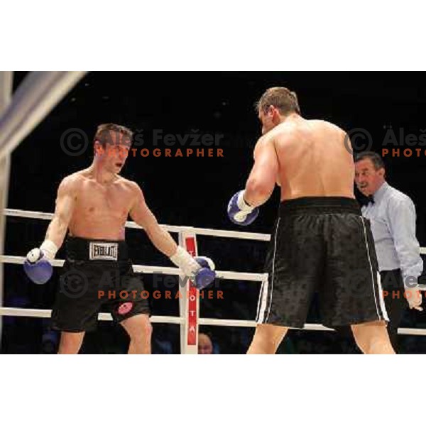 Denis Simcic of Slovenia successfully defend his WBF title with victory against Sandro Siproshvili of GEO in front of 13.000 fans in Stozice, Ljubljana, Slovenia on February 18,2011 