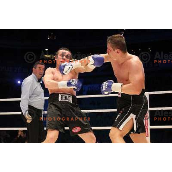Denis Simcic of Slovenia successfully defend his WBF title with victory against Sandro Siproshvili of GEO in front of 13.000 fans in Stozice, Ljubljana, Slovenia on February 18,2011 