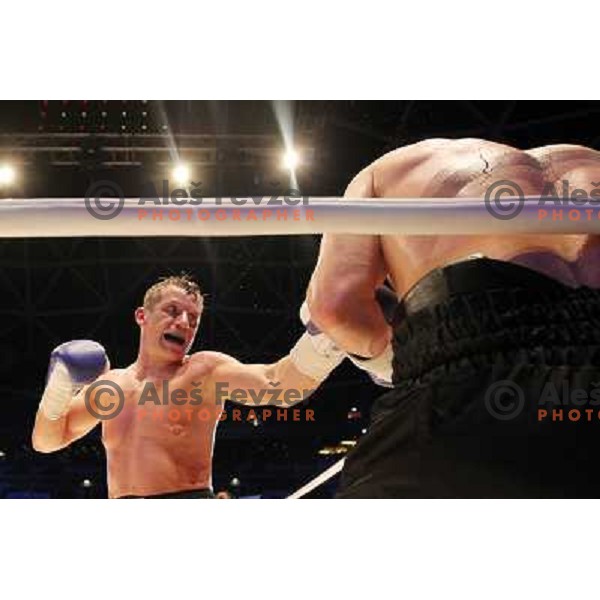 Denis Simcic of Slovenia successfully defend his WBF title with victory against Sandro Siproshvili of GEO in front of 13.000 fans in Stozice, Ljubljana, Slovenia on February 18,2011 