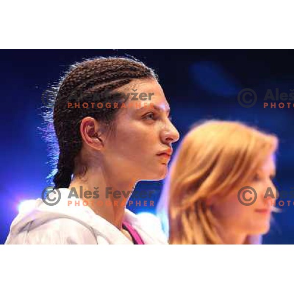 Christina Hammer of Germany (pink) successfully defend his WBF title with knockout (KO) in seventh round against Diana Kiss of Hungary (black) in front of 13.000 fans in Stozice, Ljubljana, Slovenia on February 18,2011Christina Hammer of Germany (pink) 