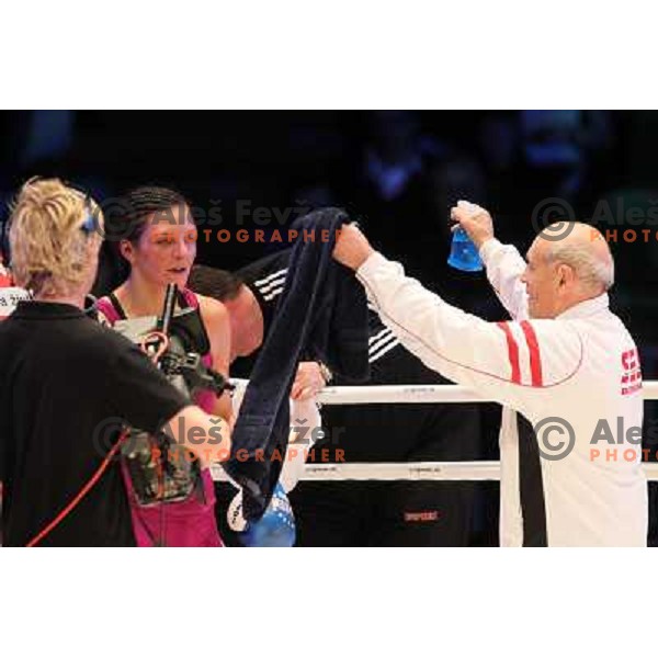 Christina Hammer of Germany (pink) successfully defend his WBF title with knockout (KO) in seventh round against Diana Kiss of Hungary (black) in front of 13.000 fans in Stozice, Ljubljana, Slovenia on February 18,2011Christina Hammer of Germany (pink) 