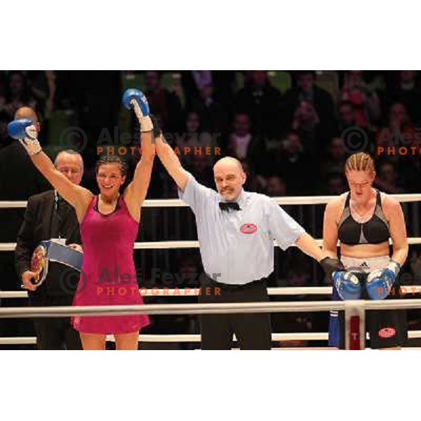 Christina Hammer of Germany (pink) successfully defend his WBF title with knockout (KO) in seventh round against Diana Kiss of Hungary (black) in front of 13.000 fans in Stozice, Ljubljana, Slovenia on February 18,2011Christina Hammer of Germany (pink) 