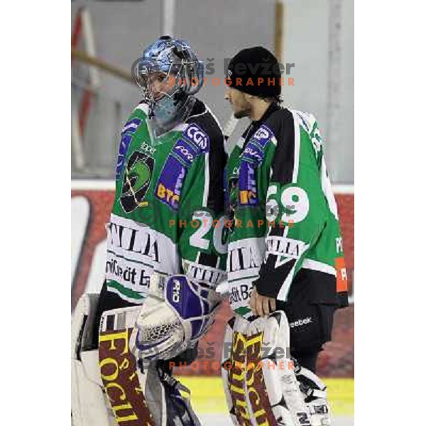 Matic Boh, Matija Pintaric of Tilia Olimpija in action during ice-hockey match Tilia Olimpija- KAC in round 54 of EBEL league, played in Hala Tivoli, Ljubljana, Slovenia on Feburay 25,2011 