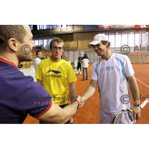 Jure Kosir, Grega Zemlja, Blaz Kavcic of Slovenia before exhibition tennis match in Hala Tivoli, Ljubljana, Slovenia on January 28,2010 