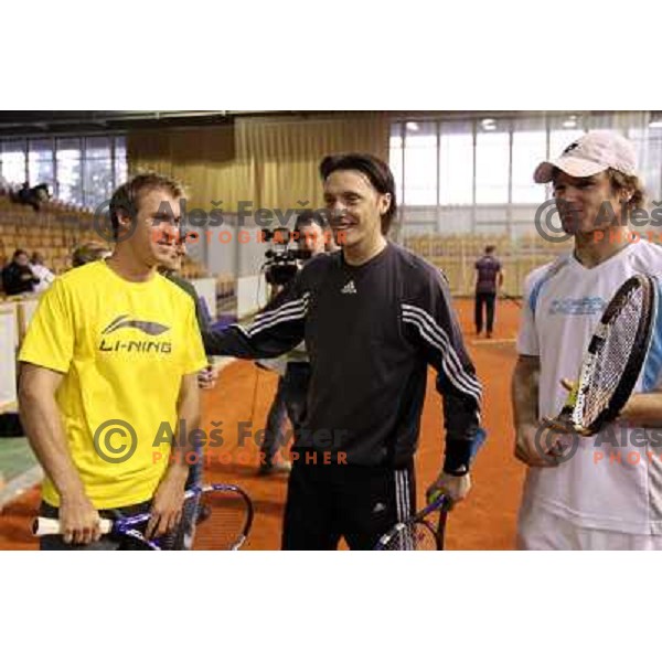 Grega Zemlja, Miran Pavlin, Blaz Kavcic of Slovenia before exhibition tennis match in Hala Tivoli, Ljubljana, Slovenia on January 28,2010 