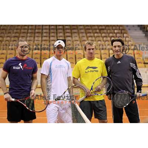 Jure Kosir, Blaz Kavcic, Grega Zemlja, Miran Pavlin of Slovenia before exhibition tennis match in Hala Tivoli, Ljubljana, Slovenia on January 28,2010 