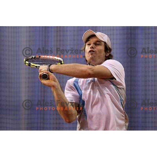 Blaz Kavcic of Slovenia during exhibition tennis match in Hala Tivoli, Ljubljana, Slovenia on January 28,2010 