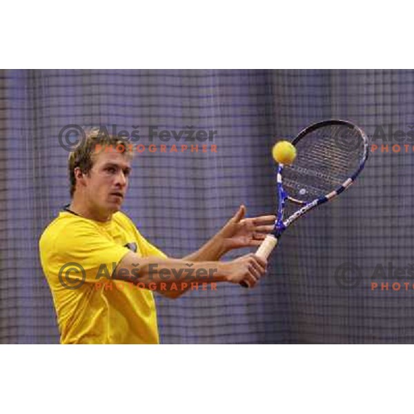 Grega Zemlja of Slovenia during exhibition tennis match in Hala Tivoli, Ljubljana, Slovenia on January 28,2010 