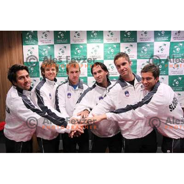 Coach Ziga Janskovec, Blaz Kavcic,Grega Zemlja, Captain Blaz Trupej, Luka Gregorc, Aljaz Bedene of Slovenia team during press conference before Davis Cup match Slovenia- Finnland in Hala Tivoli, Ljubljana, Slovenia on March 1, 2011 
