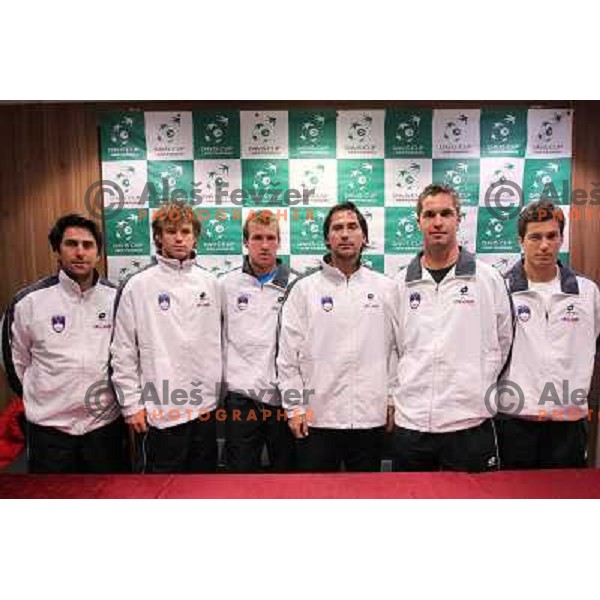 Coach Ziga Janskovec, Blaz Kavcic,Grega Zemlja, Captain Blaz Trupej, Luka Gregorc, Aljaz Bedene of Slovenia team during press conference before Davis Cup match Slovenia- Finnland in Hala Tivoli, Ljubljana, Slovenia on March 1, 2011 