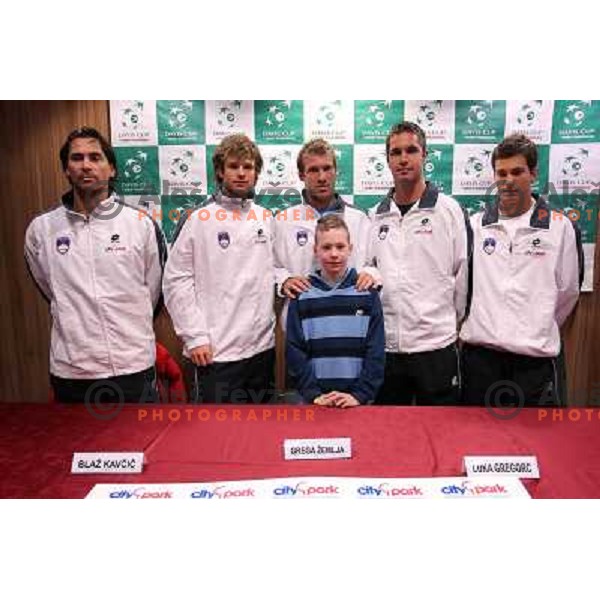 Captain Blaz Trupej, Blaz Kavcic,Grega Zemlja, Luka Gregorc, Aljaz Bedene of Slovenia team during press conference before Davis Cup match Slovenia- Finnland in Hala Tivoli, Ljubljana, Slovenia on March 1, 2011 