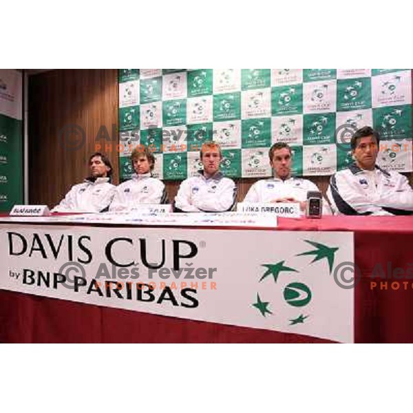 Captain Blaz Trupej, Blaz Kavcic,Grega Zemlja, Luka Gregorc, Aljaz Bedene of Slovenia team during press conference before Davis Cup match Slovenia- Finnland in Hala Tivoli, Ljubljana, Slovenia on March 1, 2011 