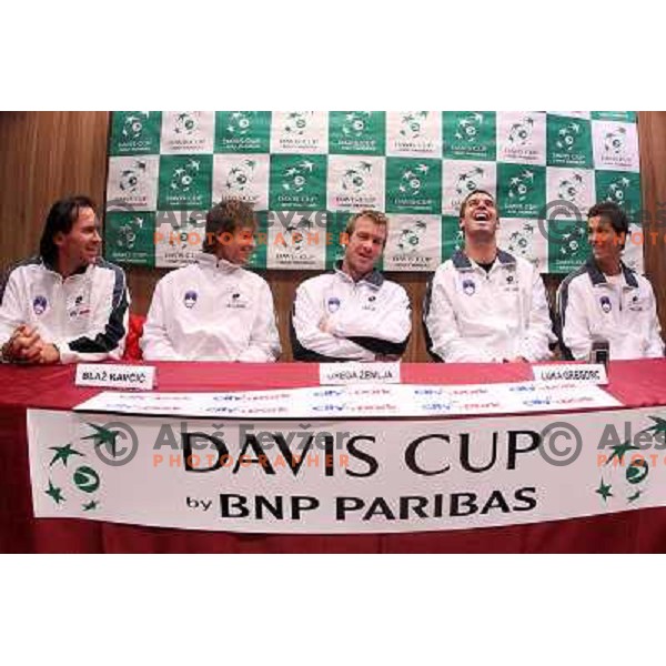 Captain Blaz Trupej, Blaz Kavcic,Grega Zemlja, Luka Gregorc, Aljaz Bedene of Slovenia team during press conference before Davis Cup match Slovenia- Finnland in Hala Tivoli, Ljubljana, Slovenia on March 1, 2011 