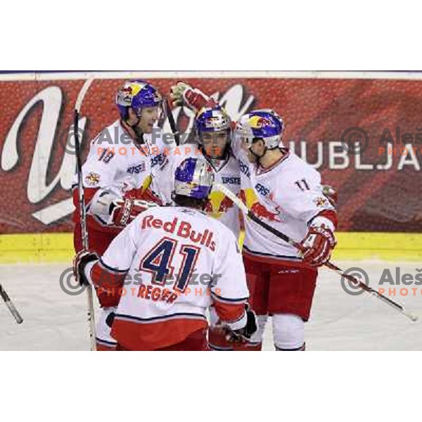 Dominique Heinrich , Bois Daniel of Red Bull Salzburg celebrate goal during second game of quarter-final of Ebel league, played in Hala Tivoli, Ljubljana, Slovenia on March 1, 2011 