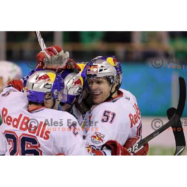 Brent Avdin, Matthias Trattnig of Red Bull Salzburg celebrate goal during second game of quarter-final of Ebel league, played in Hala Tivoli, Ljubljana, Slovenia on March 1, 2011 