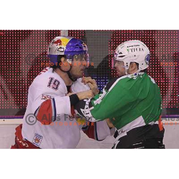 Igor Cvetek of Tilia Olimpija and Ramzi Abid of Red Bull Salzburg fighting during second game of quarter-final of Ebel league, played in Hala Tivoli, Ljubljana, Slovenia on March 1, 2011 